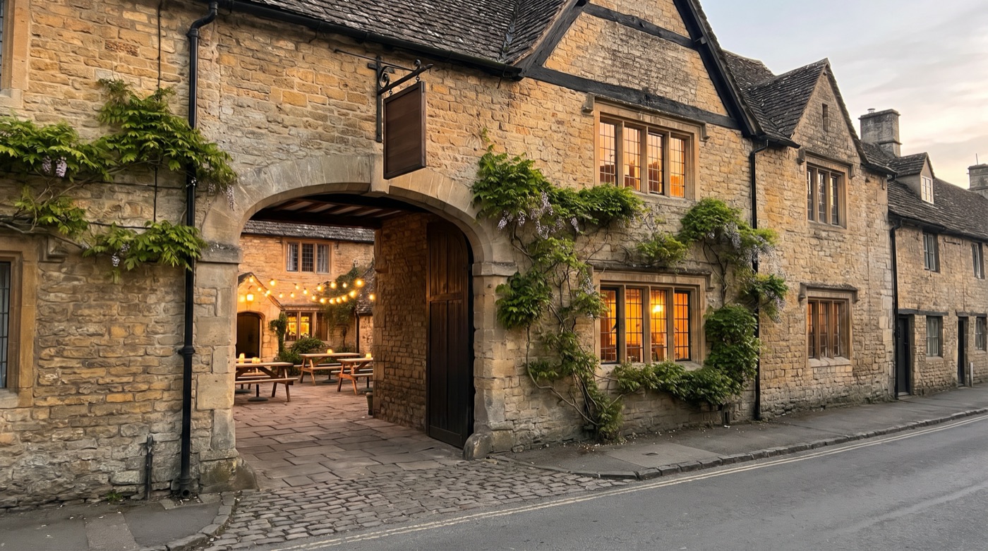 An old Cotswold inn at dusk, its windows glowing